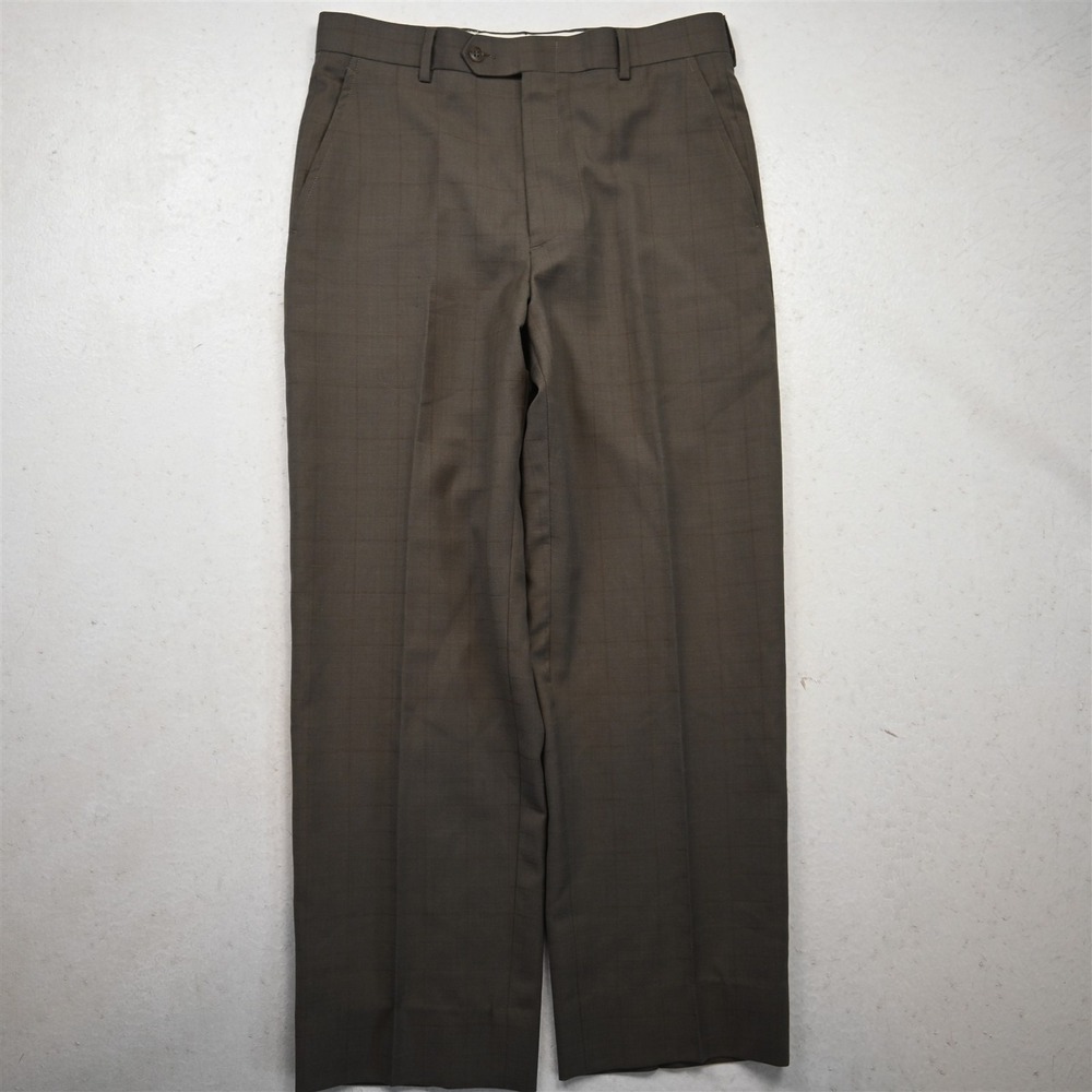 Versini 32x30 Tan Brown Windowpane 100% Wool Full Cut Dress Mens Pants